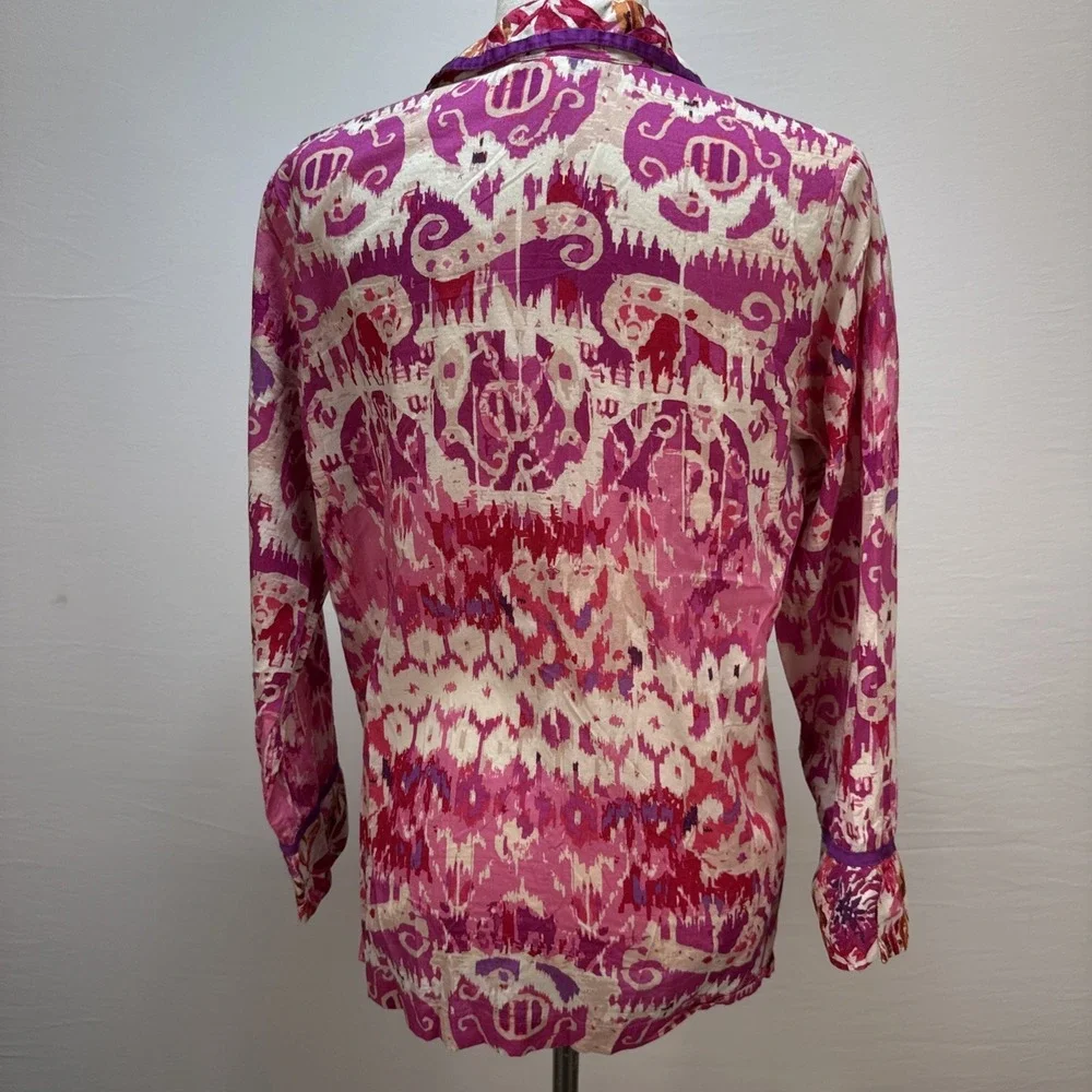 Oscar de la‎ Renta Womens Pink Ikat Long Pajama Set Size M Cotton Poplin Pockets